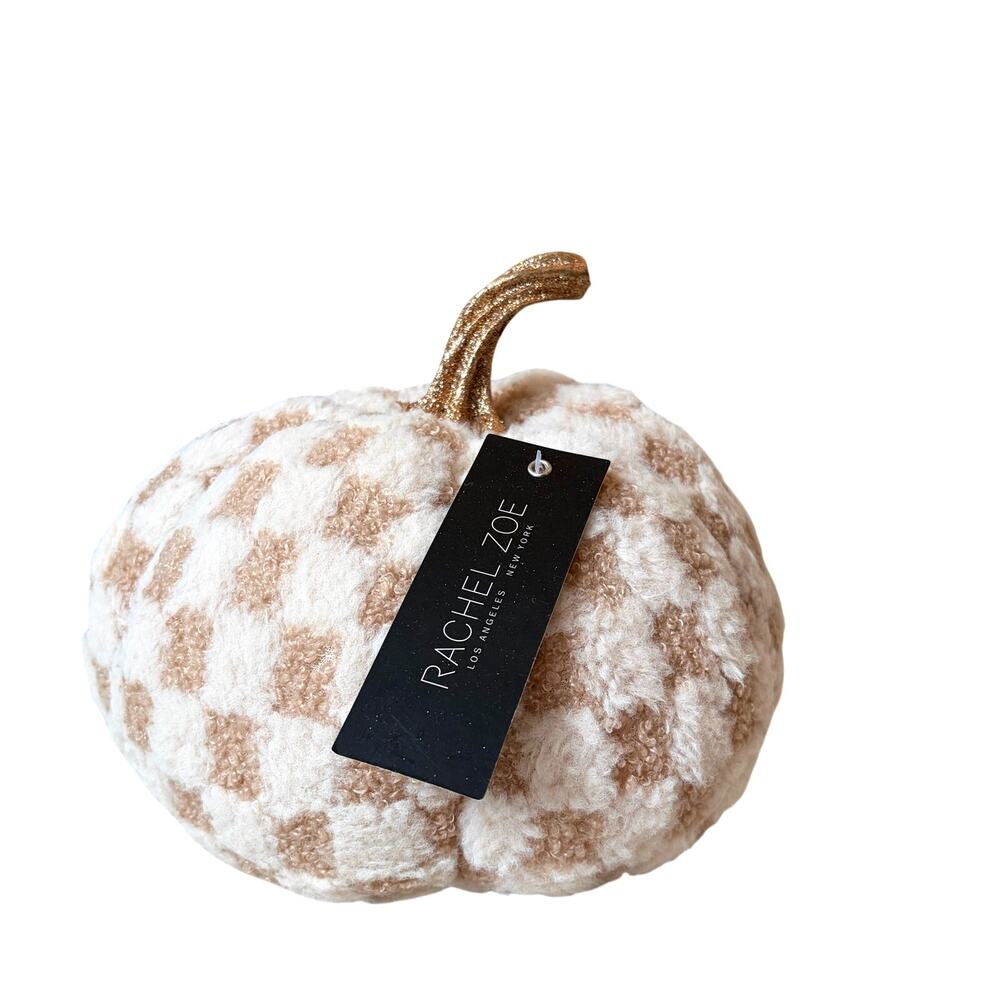 Rachel Zoe Plush Checkered Pumpkin w/ Gold Stem 9.5" Mocha & Cream Fall New